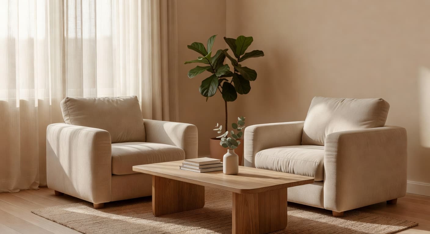 Two plush armchairs face one another in a sunlit room featuring warm wooden floors and soft neutral textiles. Natural light streams through a window, highlighting the serene and collaborative professional environment.