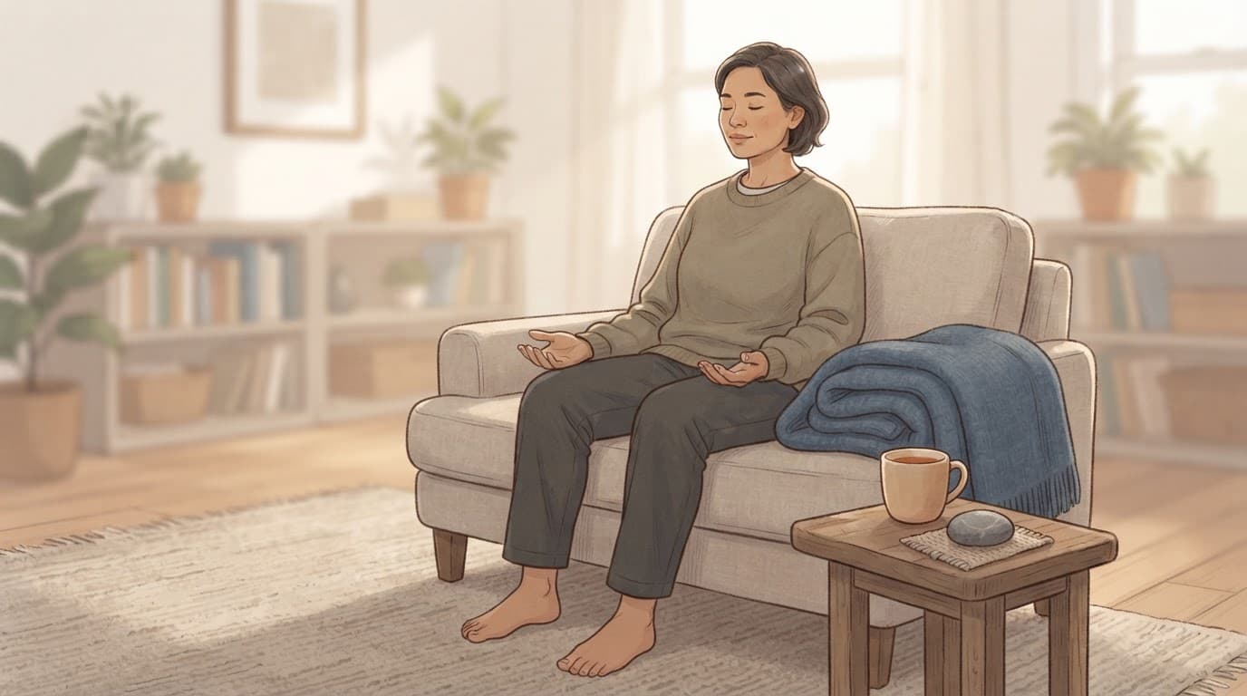 An adult sits in a chair practicing grounding with tea and sensory objects nearby.