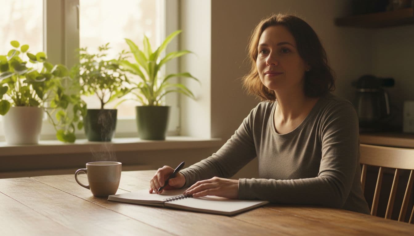 A mid-30s person with neutral gender appearance sits relaxed at a wooden kitchen table with notebook and pen nearby, gazing thoughtfully ahead with a gentle calm expression. Warm morning sunlight streams through the window onto plants and a coffee mug, creating a realistic scene of soft lighting for emotional regulation.