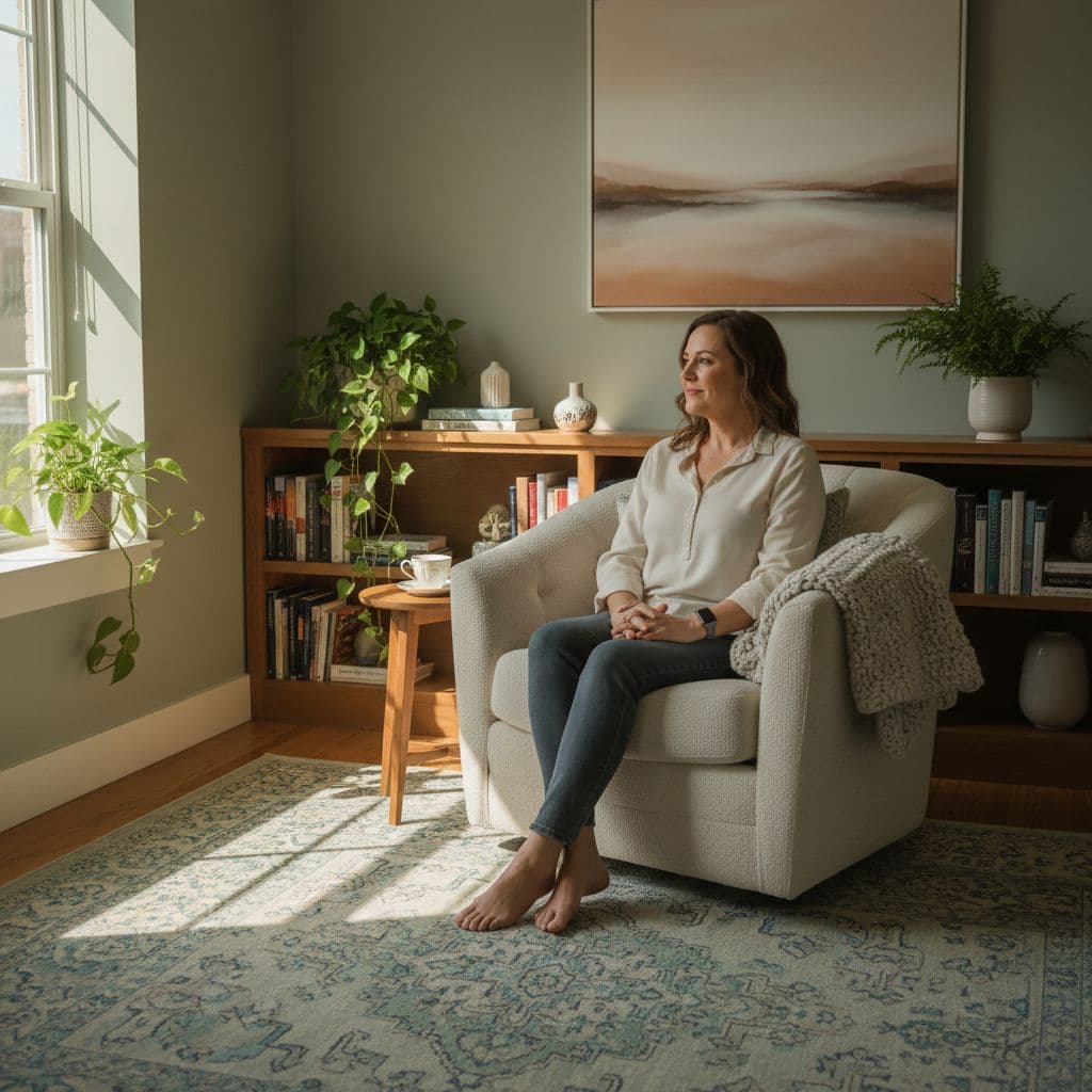 A relaxed individual sits in a plush armchair surrounded by bookshelves and lush green plants. Soft golden sunlight filters into the cozy room, creating an atmosphere of safety and emotional support.