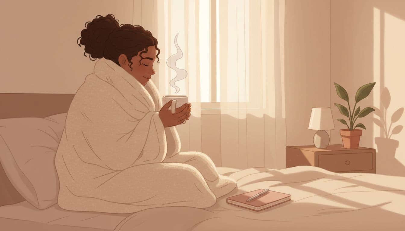 Soft, warm illustration of a diverse person wrapped in a cozy blanket holding a steaming mug in a peaceful bedroom at dawn after nightmares.