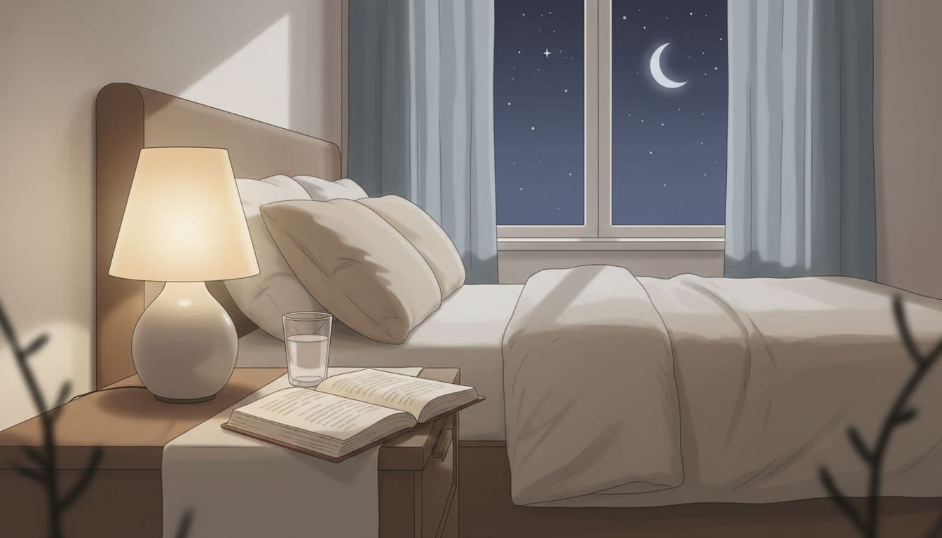 A cozy bedroom at night illuminated by gentle lamp light, featuring a nightstand with a glass of water and an open book, against a subtle starry sky background in muted beige and blue tones for peaceful, safe sleep after psychological abuse.