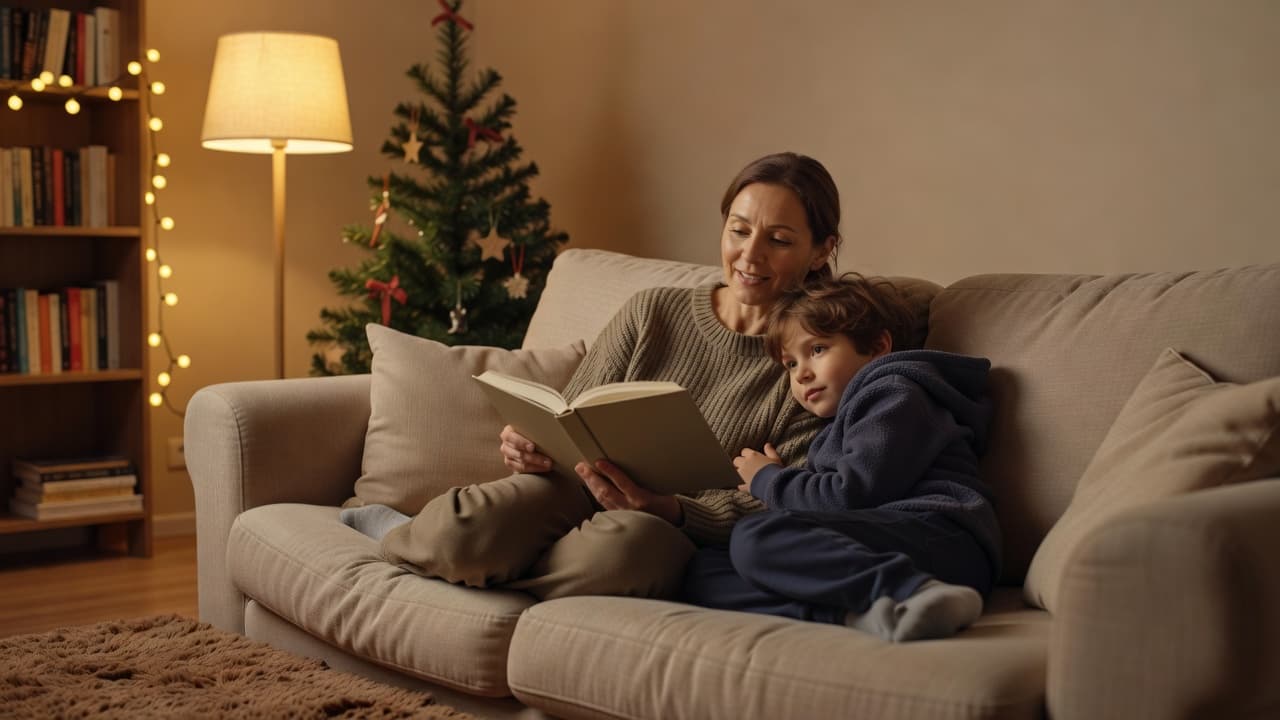 An adult sits on a plush couch reading an open book to a young child in a dimly lit living room. Warm ambient glow from nearby lamps creates a peaceful home atmosphere.