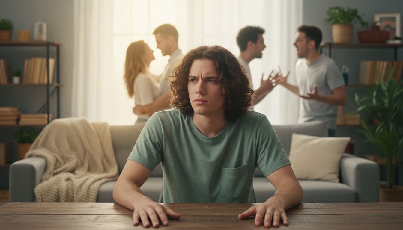 A confused person sits at a table in a cozy living room with a split background: one side a loving couple embracing, the other a tense argument.