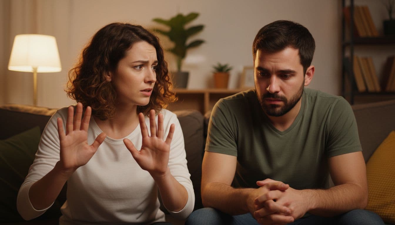 A close-up of a couple on a living room couch during an evening conversation, with one partner gesturing defensively using open palms while the other appears hurt and confused, under soft warm lamp lighting.