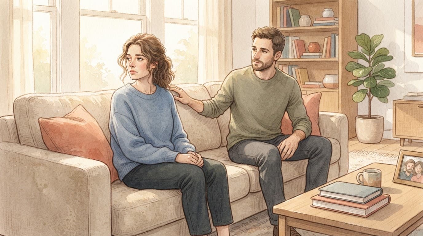 A couple sits together on a couch in a warm, sunlit room.