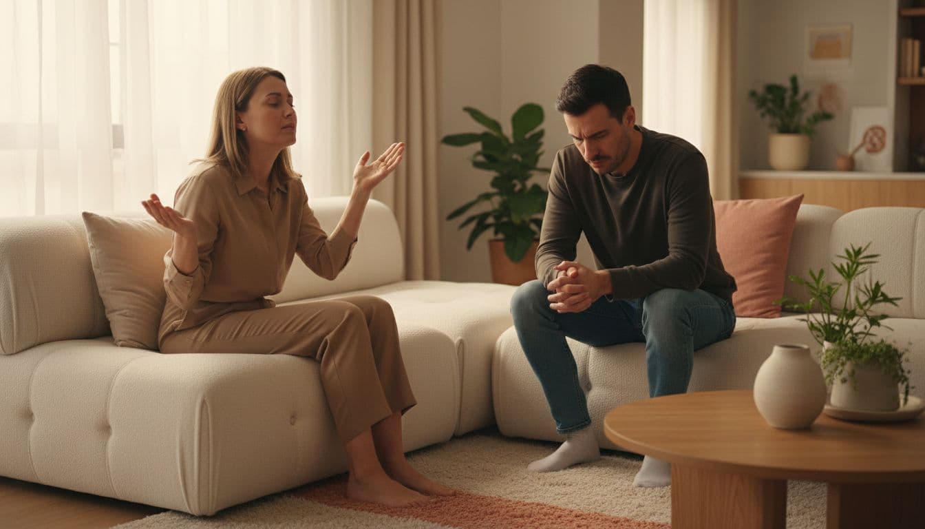 Exactly two adults in a modern living room sitting close on a sofa facing each other, one gesturing dismissively with open palm and slight eye roll while the other looks hurt with downcast eyes and tense posture, in realistic photography style with soft natural daylight and warm tones.