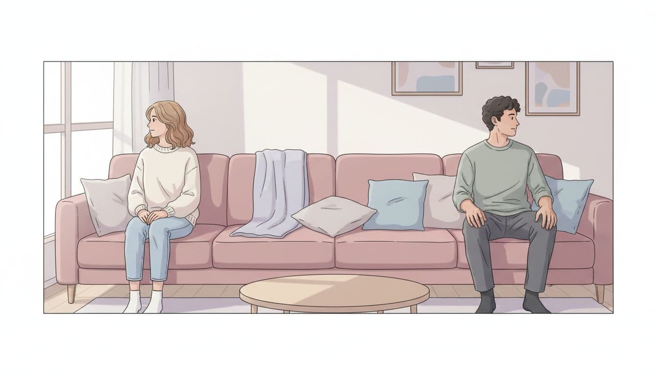 A couple sits on opposite ends of a couch facing slightly away from each other, with a large empty space symbolizing emotional distance, in a calm living room with soft natural light and muted pastel tones.