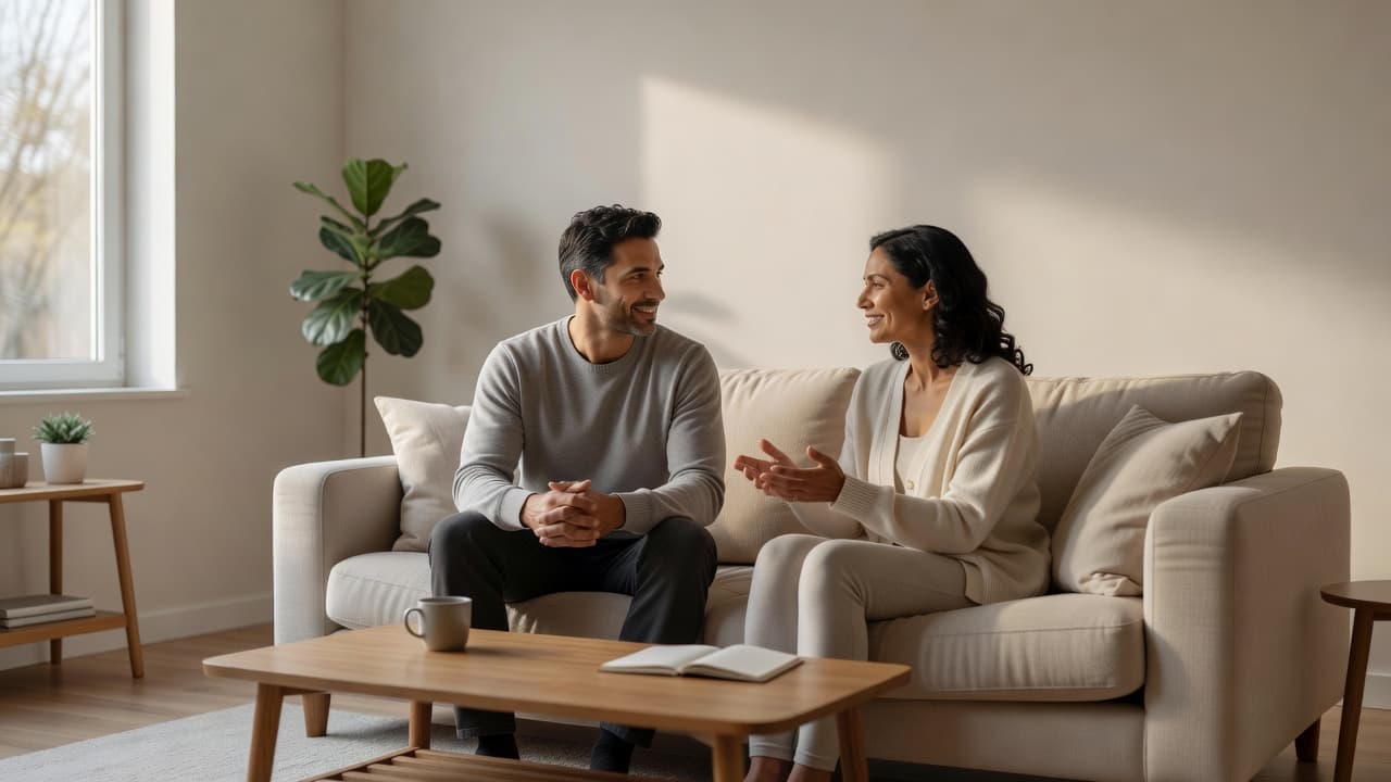A man and woman sit closely on a plush beige couch during the morning. They face each other with gentle expressions, bathed in soft, warm sunlight streaming through a large window.