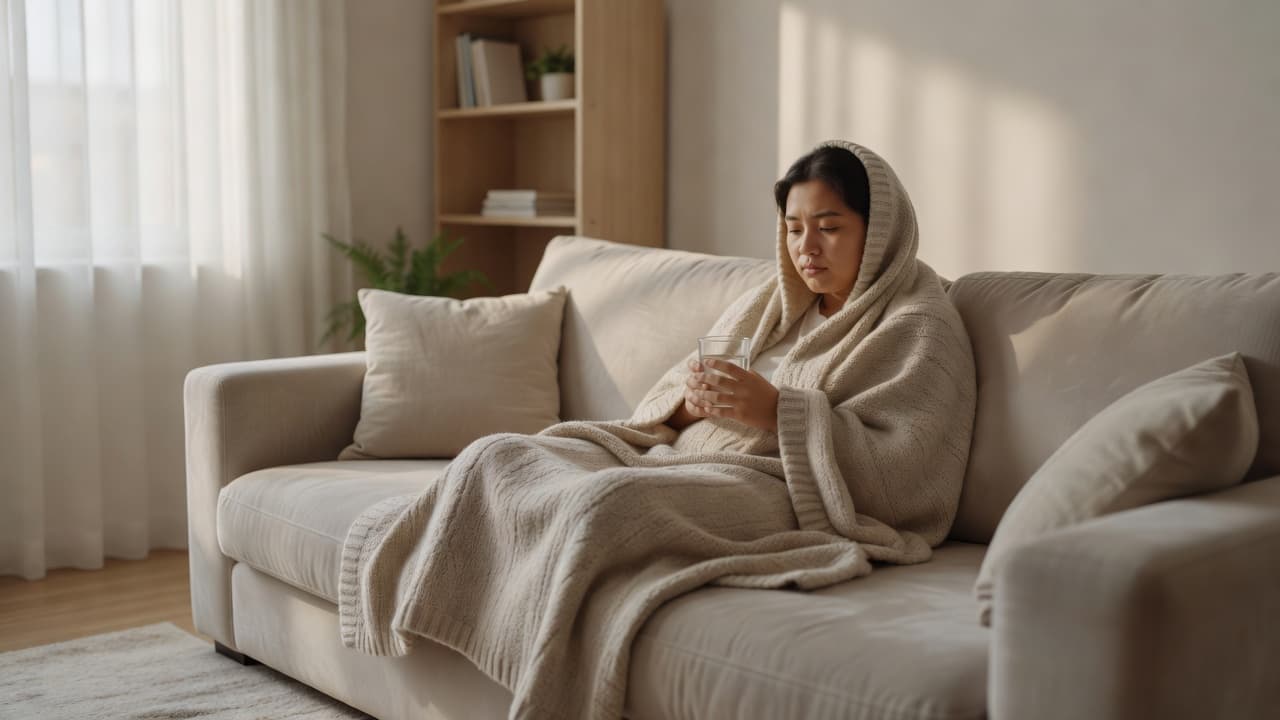 A person wrapped in a blanket relaxing on a couch with a glass of water.