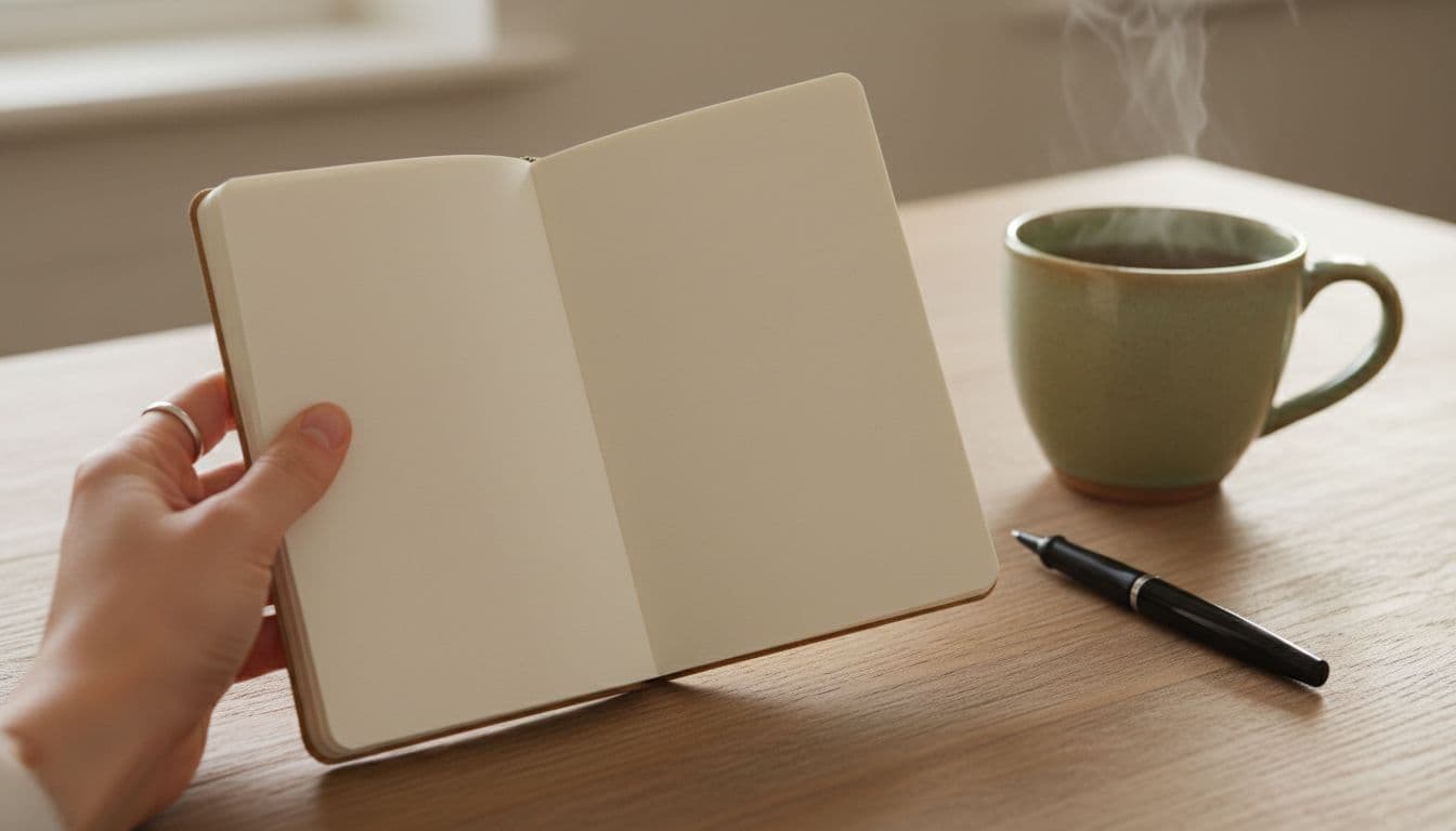 A relaxed hand holds an open blank journal on a wooden table beside a cup of tea and pen, illuminated by soft morning light, evoking a calming journaling practice for emotional recovery.