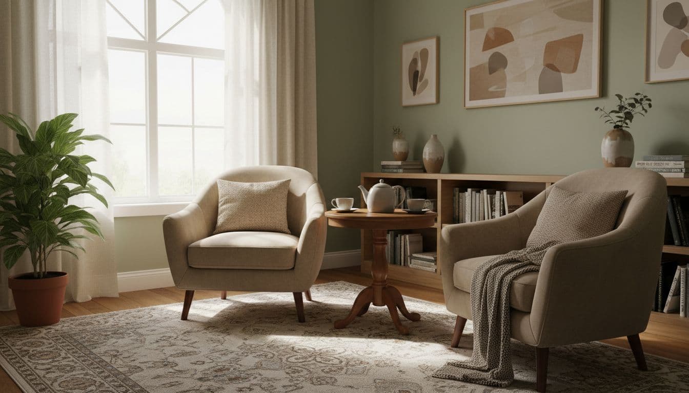 Two comfortable armchairs face each other with a small wooden table in a bright, peaceful office.