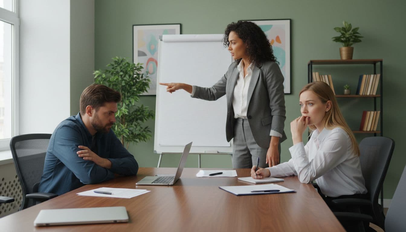 A diverse group of three adults in a cozy office meeting room under neutral daylight lighting. One stands confidently pointing while the others look uncomfortable, illustrating a DARVO reversal tactic during a professional team discussion.