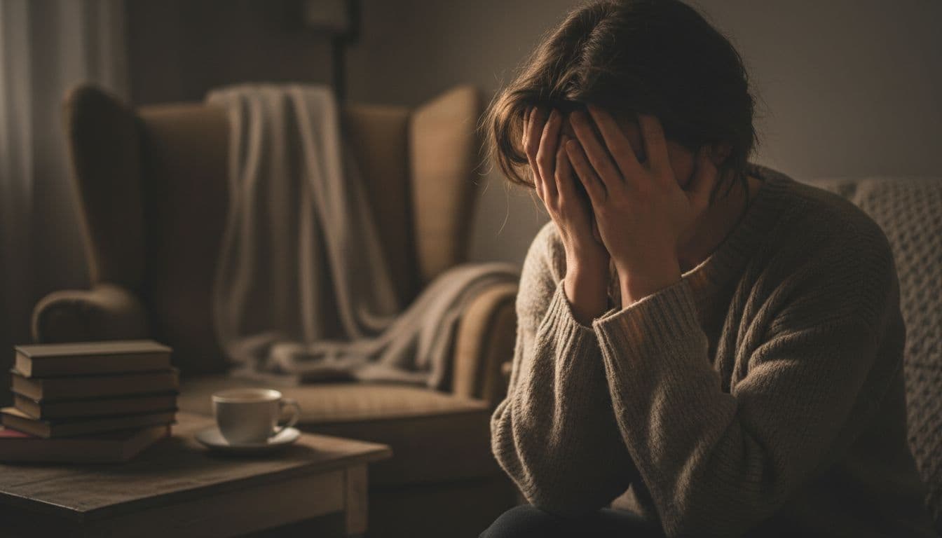 A person sits alone in a dimly lit cozy room, head in hands, conveying deep emotional distress with soft shadows and warm low lighting in a realistic close-up on face and upper body.