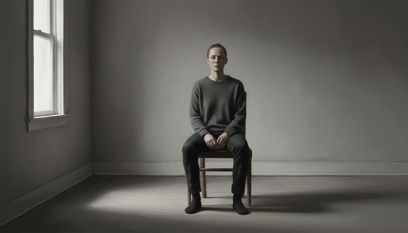 A single adult person sits alone on a simple wooden chair in a dimly lit room with soft gray tones, gazing blankly ahead with a distant expression, evoking a melancholic yet calm atmosphere of emotional disconnection.