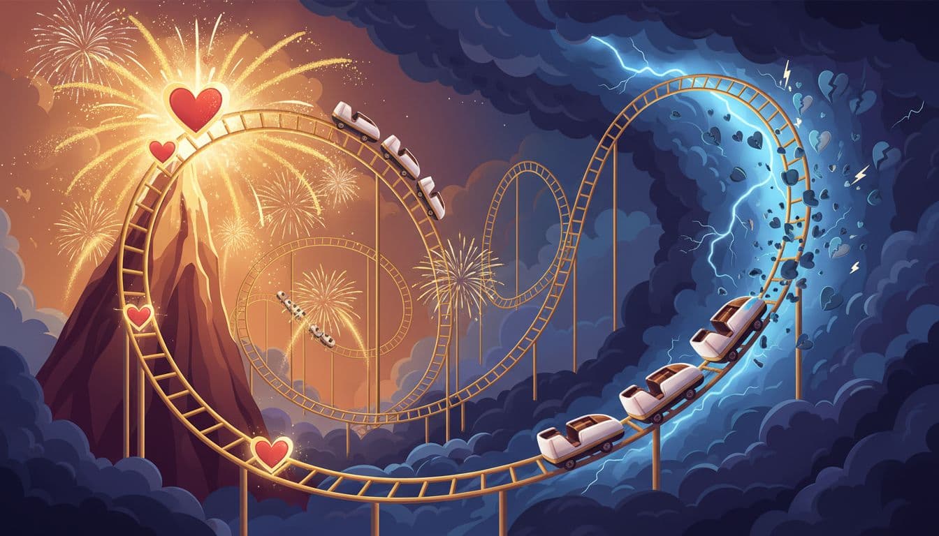 Abstract illustration of a rollercoaster track symbolizing emotional highs with glowing hearts and fireworks at peaks, plunging into dark valleys with shattered hearts and lightning, dramatic lighting contrasts, clean illustrative style.
