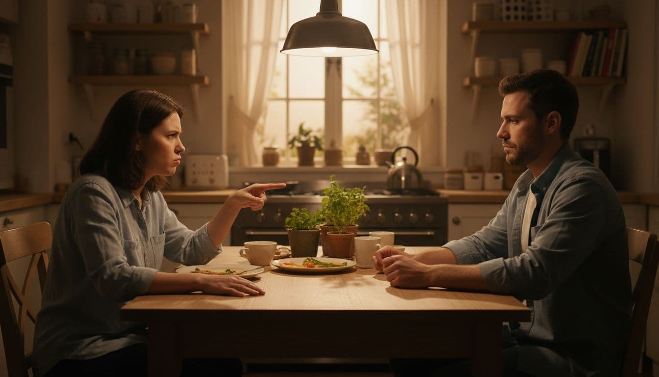Realistic photo of a frustrated woman pointing accusingly at a dismissive man looking away during a tense conversation at a cozy home kitchen dining table in evening light.