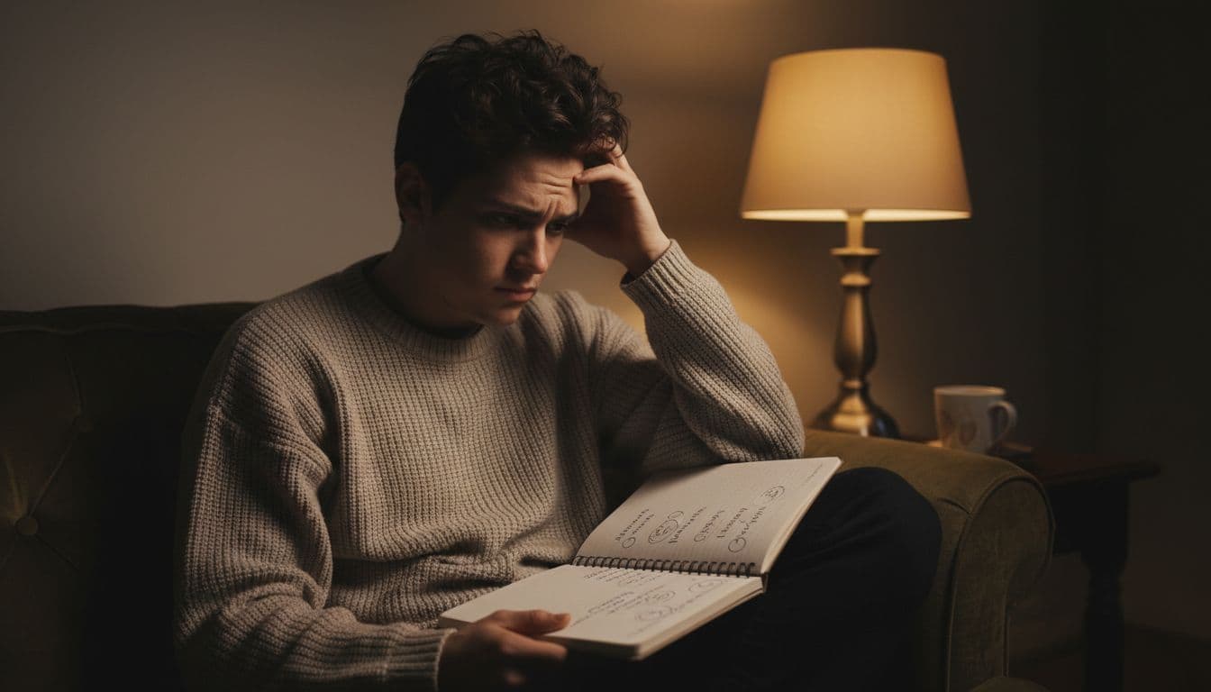 A young adult sits alone on a couch in a dimly lit living room, rubbing their forehead thoughtfully with a confused expression while staring at a notebook in their lap.