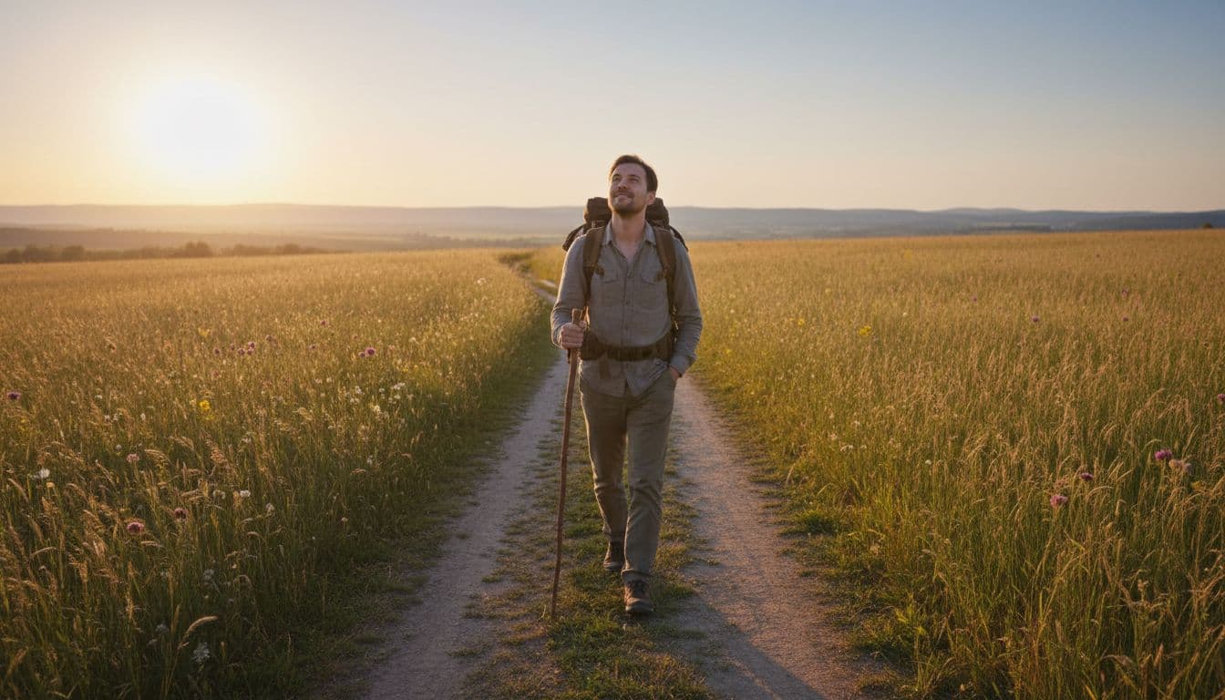 A solitary person with a backpack walks peacefully along a path through a sunny field towards the horizon, looking hopeful and relieved.