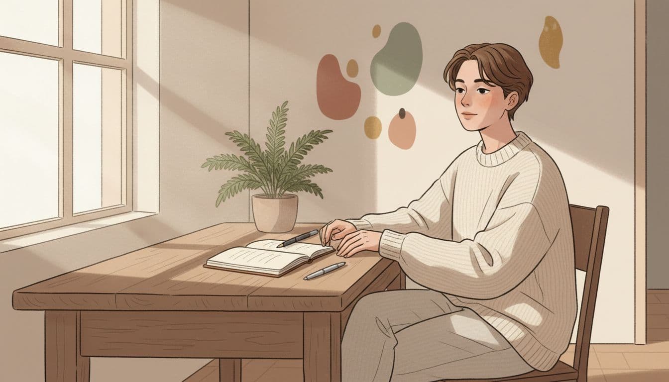 A single person sits calmly at a wooden table with an open notebook and pen nearby, hands resting lightly in relaxed posture, bathed in soft morning light with muted warm tones, symbolizing introspection, coping, and relationship healing.