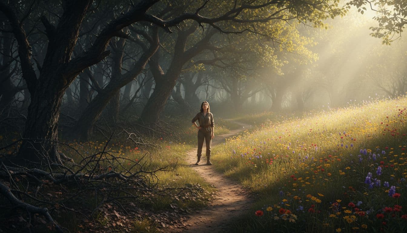 A single person stands with calm determination on a path transitioning from dark thorny woods to an open sunny meadow with wildflowers, bathed in soft morning light.