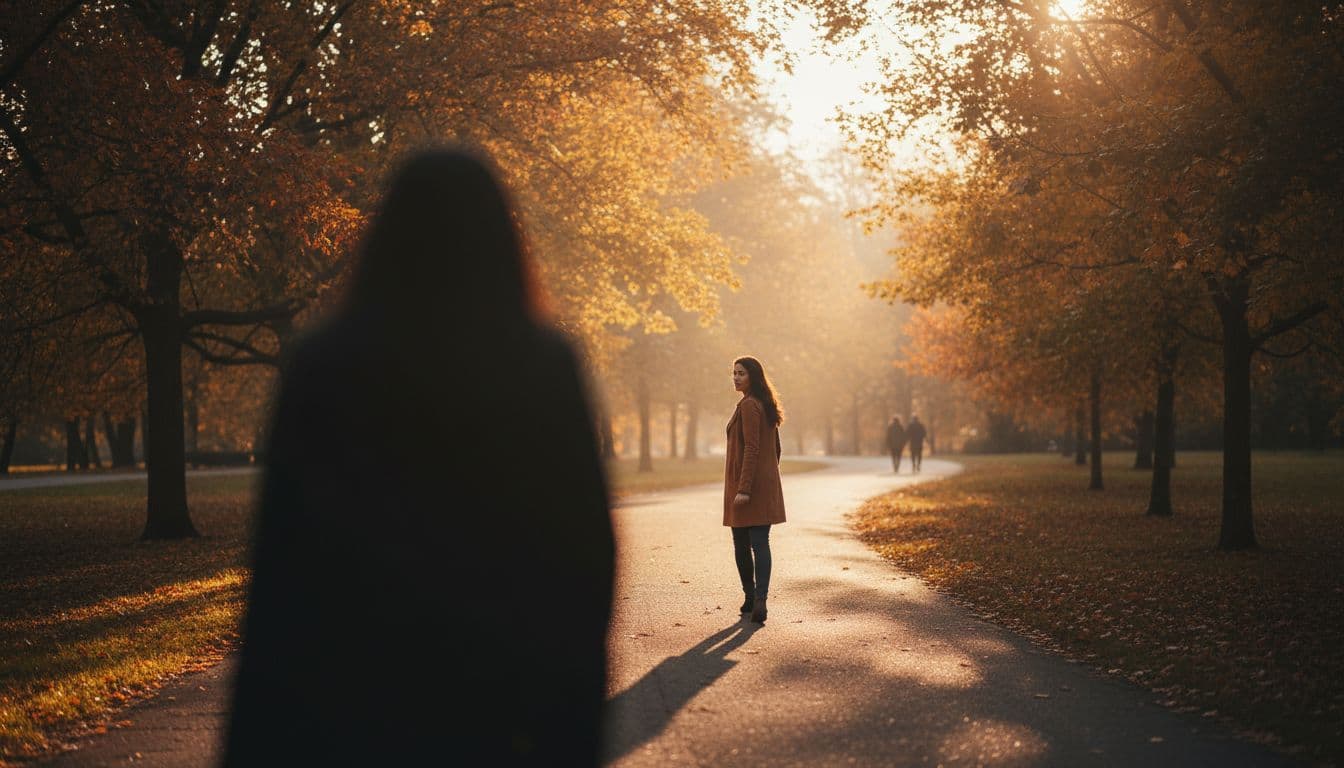 A determined person walks away from a distant shadowy figure on a park path lined with autumn trees during golden hour, symbolizing the journey of leaving abuse and beginning recovery.