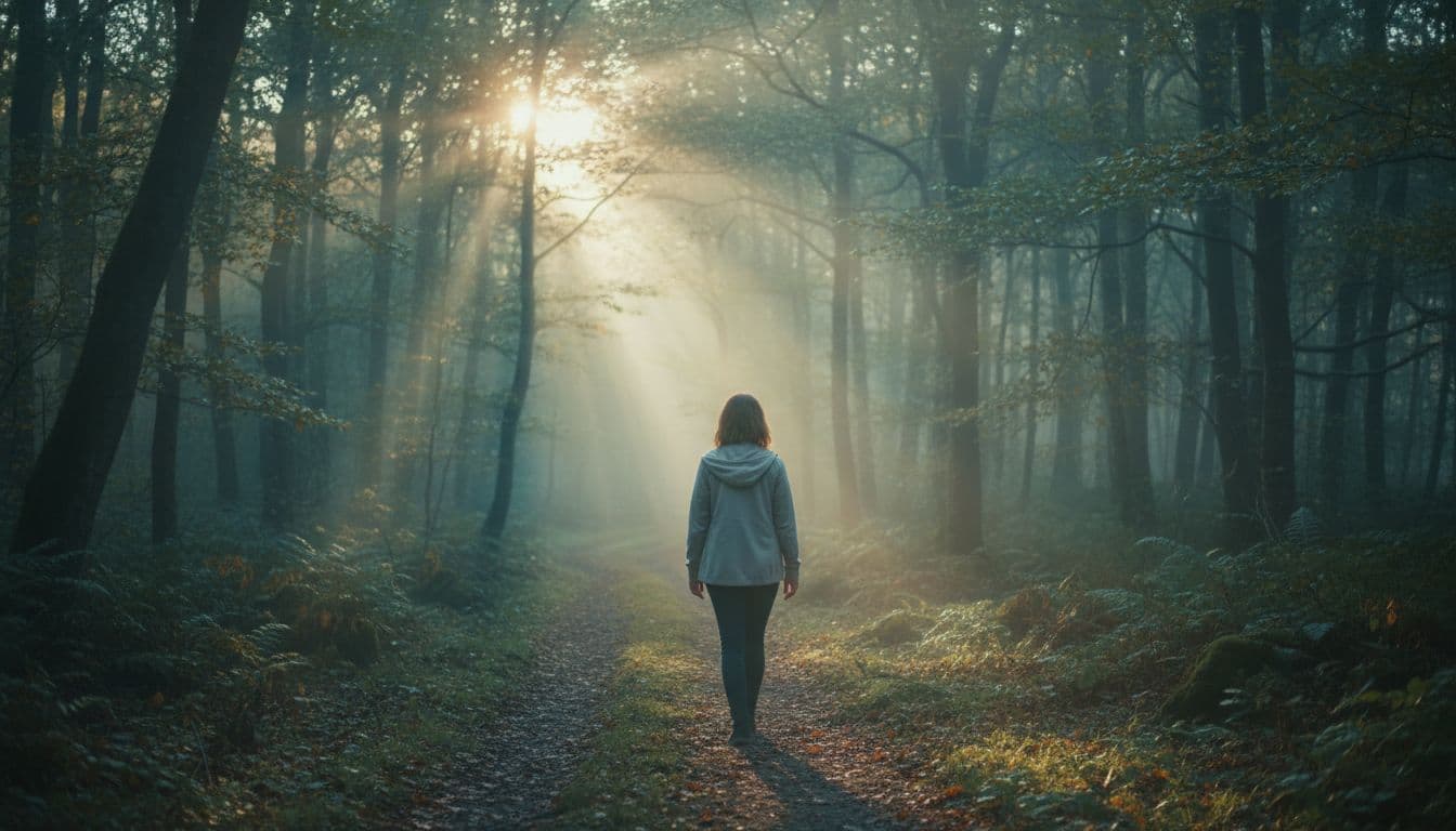 A single person walks alone on a peaceful path through a misty forest at dawn, with subtle light breaking through trees symbolizing hope, recovery from emotional abuse, and empowerment.