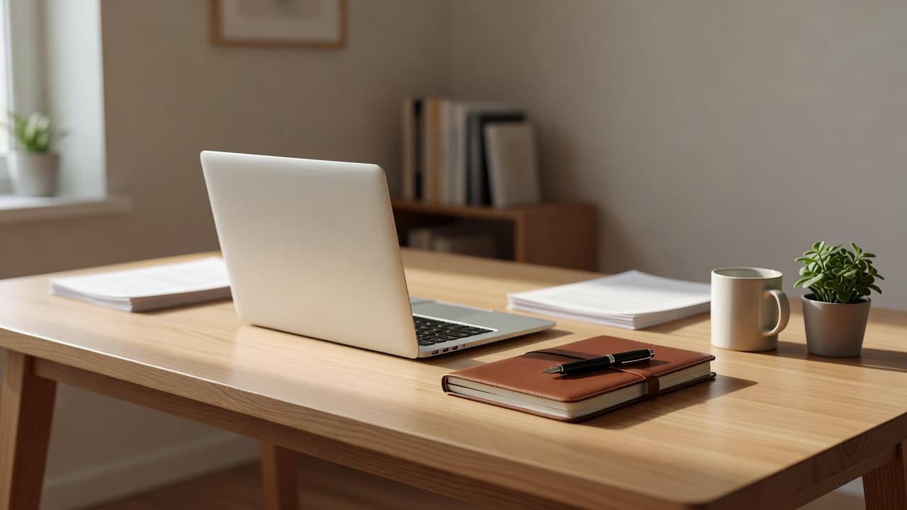 A sleek wooden desk features a neatly closed laptop and an open notebook under soft, warm light. The quiet arrangement creates a sense of focused order in a serene professional environment.