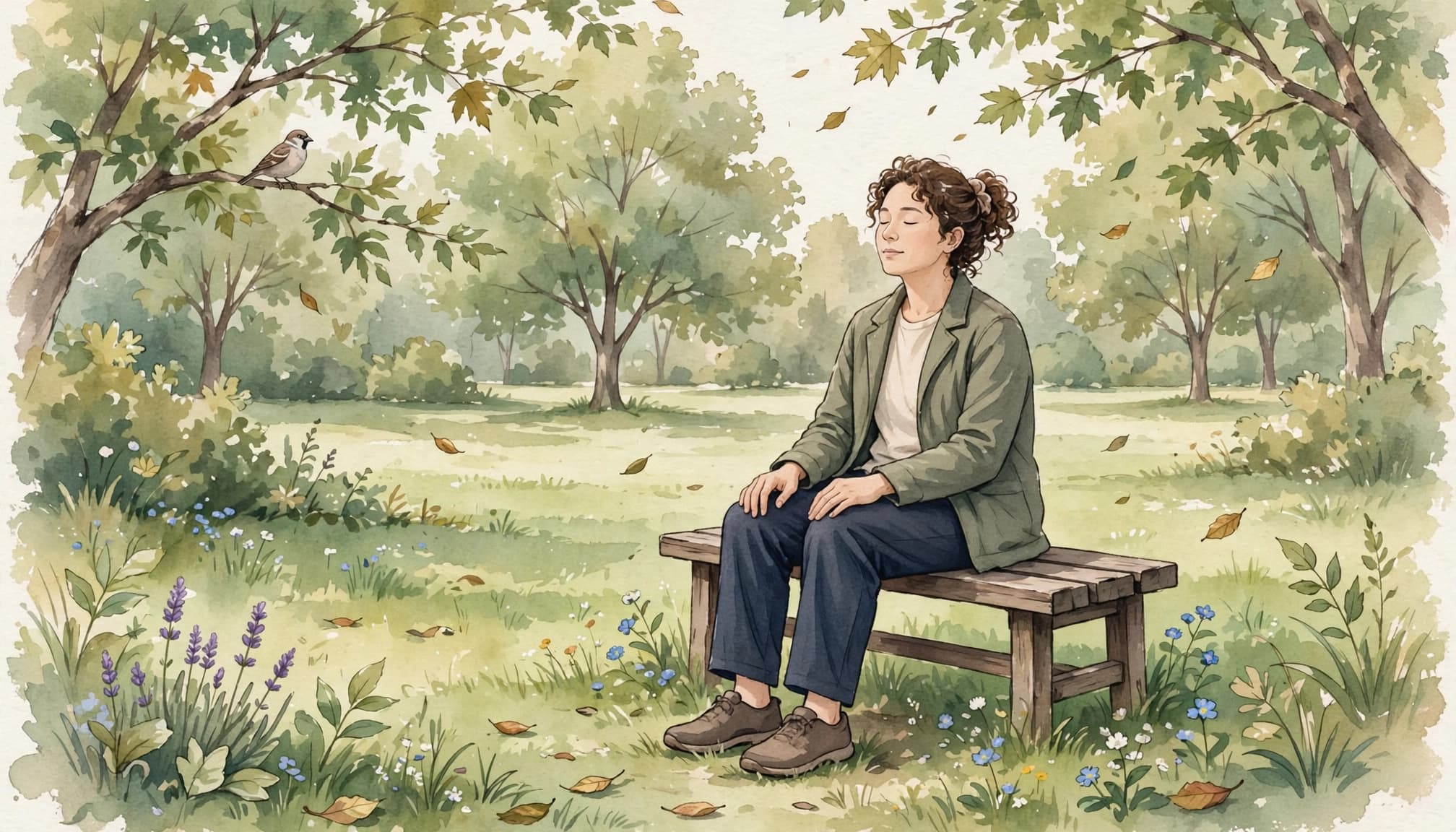 An adult practices calm breathing while seated in a peaceful park.