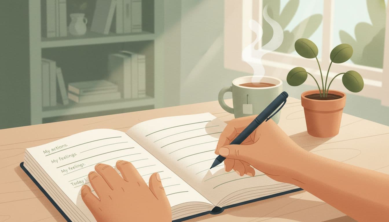 Calming editorial illustration of gender-neutral hands thoughtfully writing in a journal on a cozy table, surrounded by steaming herbal tea and a potted plant in soft afternoon light.