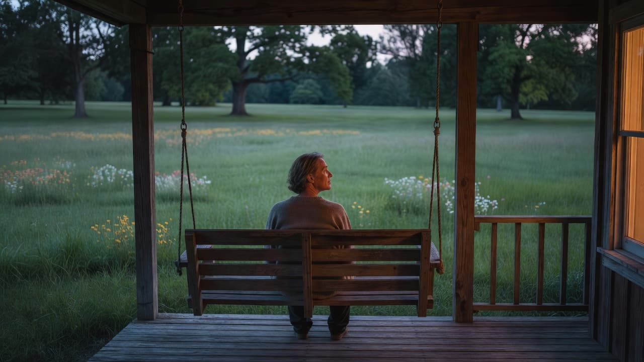 A person sits alone on a wooden porch swing during the dim light of dusk. They gaze out toward a lush green lawn, completely removed from any busy neighborhood activity or noise.