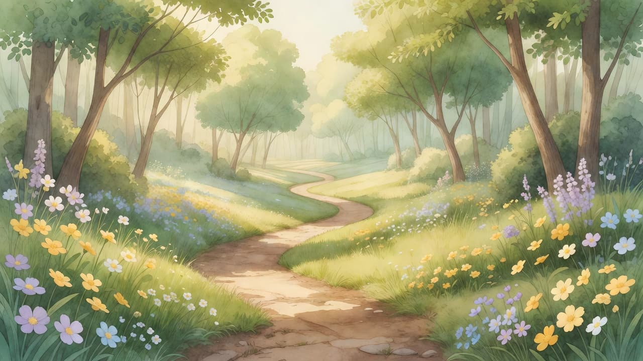 A soft watercolor painting depicts a tranquil dirt path winding through a lush forest. Delicate green leaves filter the sunlight onto a carpet of vibrant wildflowers and tall swaying meadow grass.