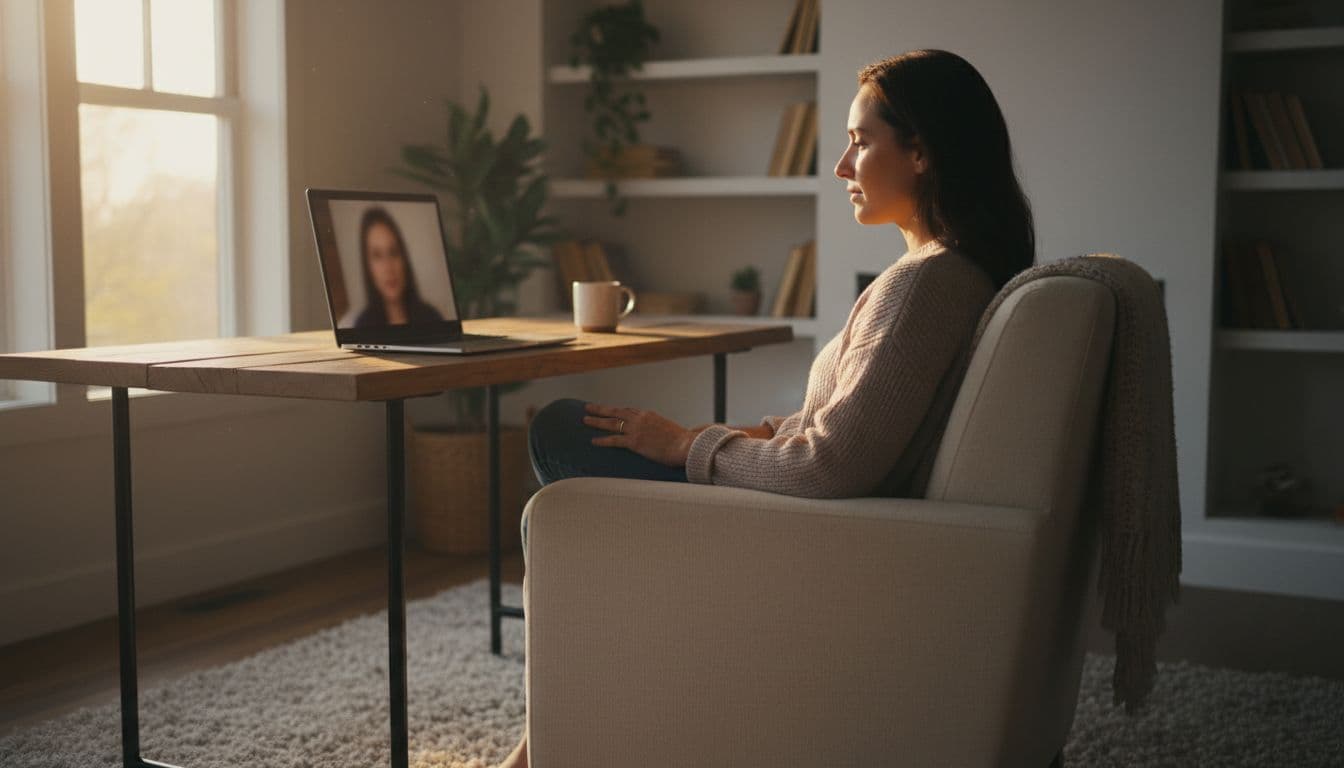A person sits in a cozy, well-lit home office focusing on a laptop screen during a video call.