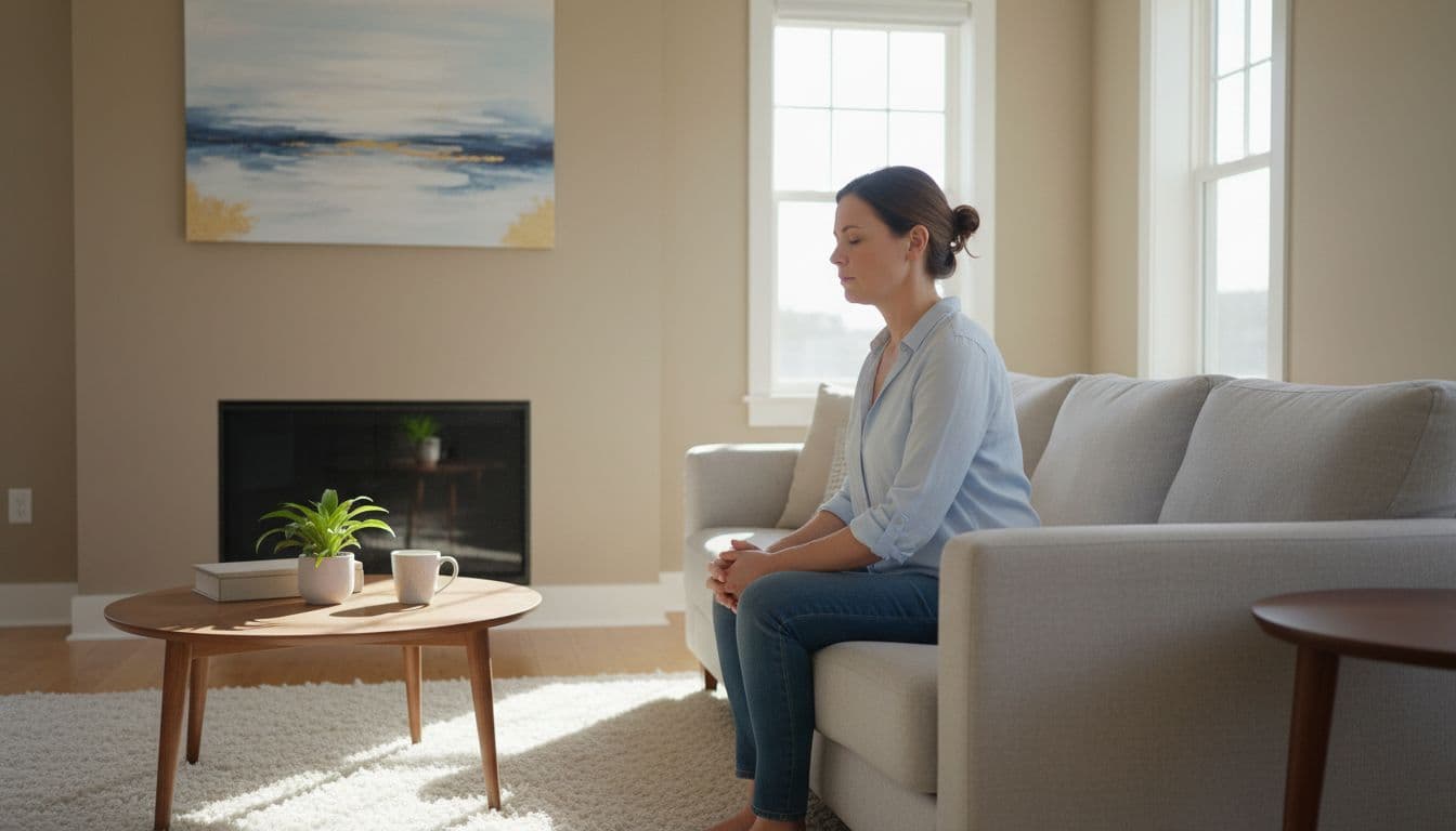 A calm individual sits centered in a sunlit living room, eyes gently closed while taking a deep, restorative breath. The soft natural lighting highlights a serene atmosphere devoid of any clutter.