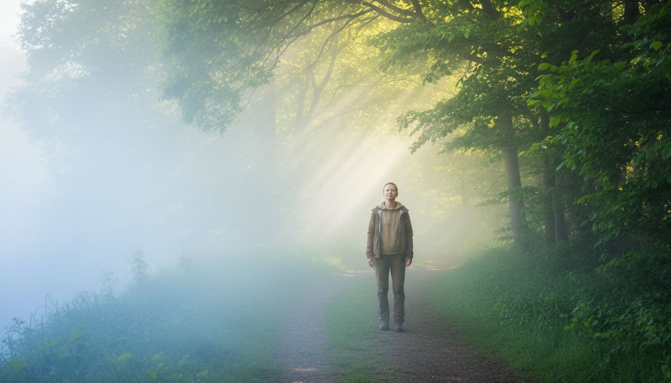 A single adult stands calmly on a peaceful path, transitioning from misty fog into a sunny clearing with green trees, symbolizing the journey from emotional numbness to recovery and self-reconnection.