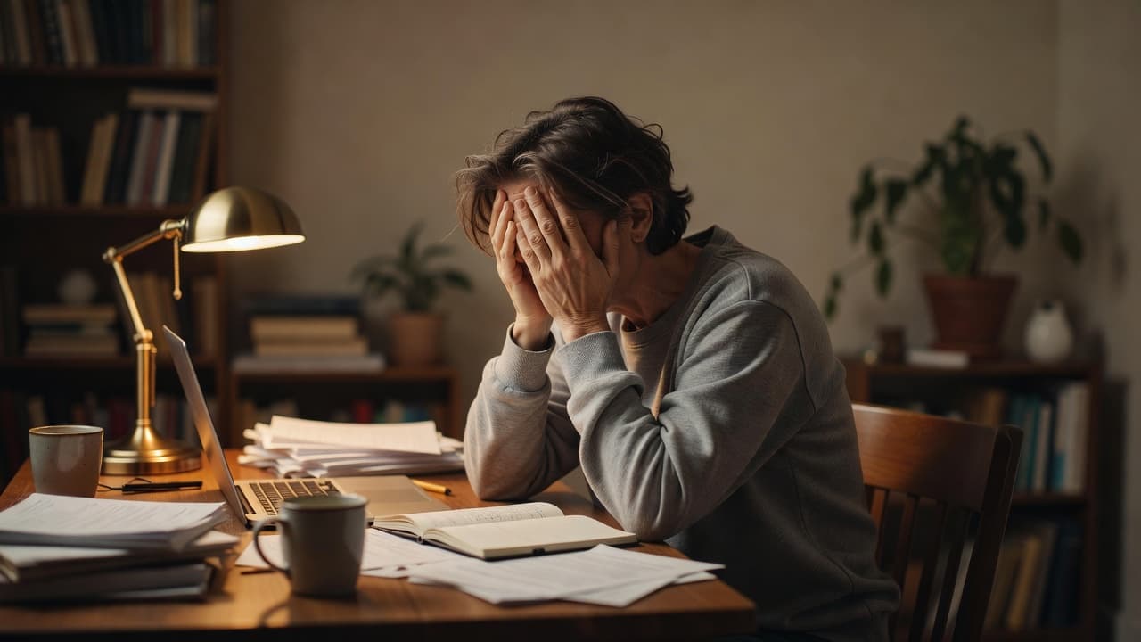A lone individual sits at a wooden desk with their head buried in their hands, signaling deep exhaustion. Soft ambient light fills the room, emphasizing a somber and reflective atmosphere.