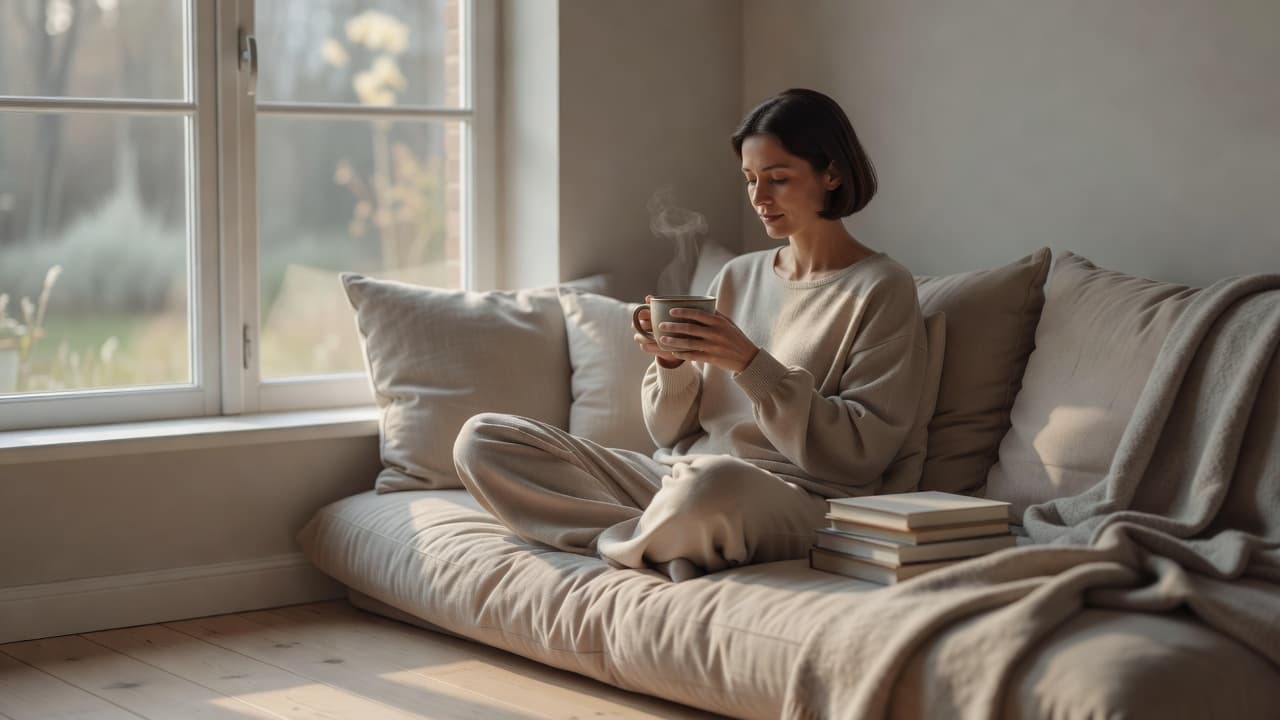 A woman sits tucked into a bright window seat with a warm mug in her hands. Soft morning light floods the neutral-toned space, highlighting her calm expression and cozy knit sweater.