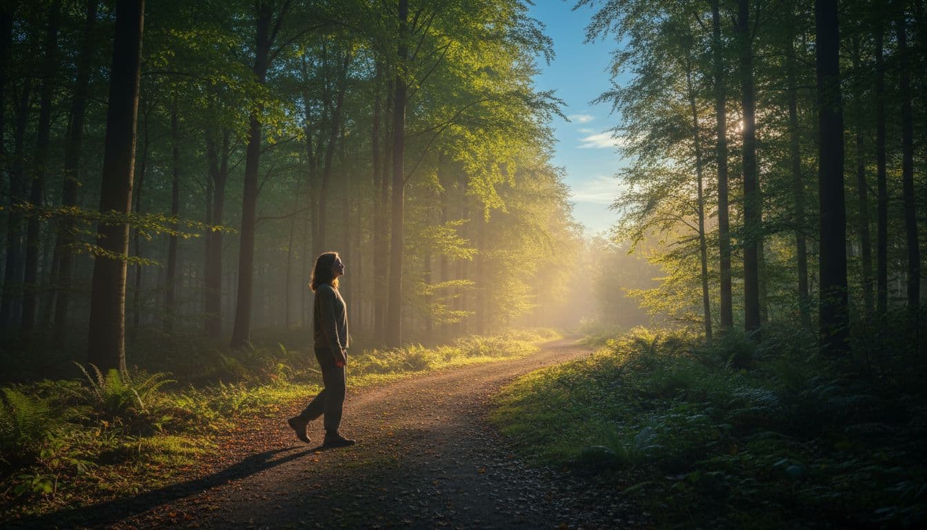 A single person walks calmly side-profile along a winding peaceful forest path, transitioning from dark misty shadows to bright sunlight ahead with green trees and blue sky, symbolizing moving from confusion and pain to clarity and emotional recovery.