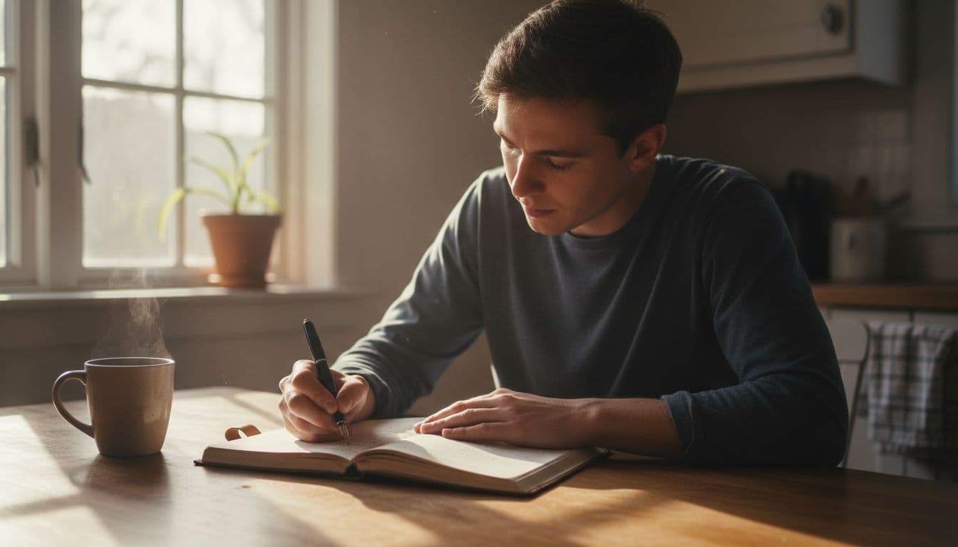 A person sits alone at a kitchen table, intently writing in a journal under soft morning light filtering through a window, with a notebook, pen, and one hand resting on the table.