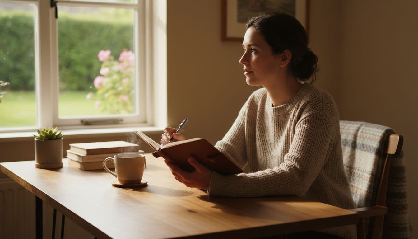 A calm person writes reflectively in a journal at a desk by a sunny window, with a cup of tea nearby in a simple home office bathed in natural daylight.