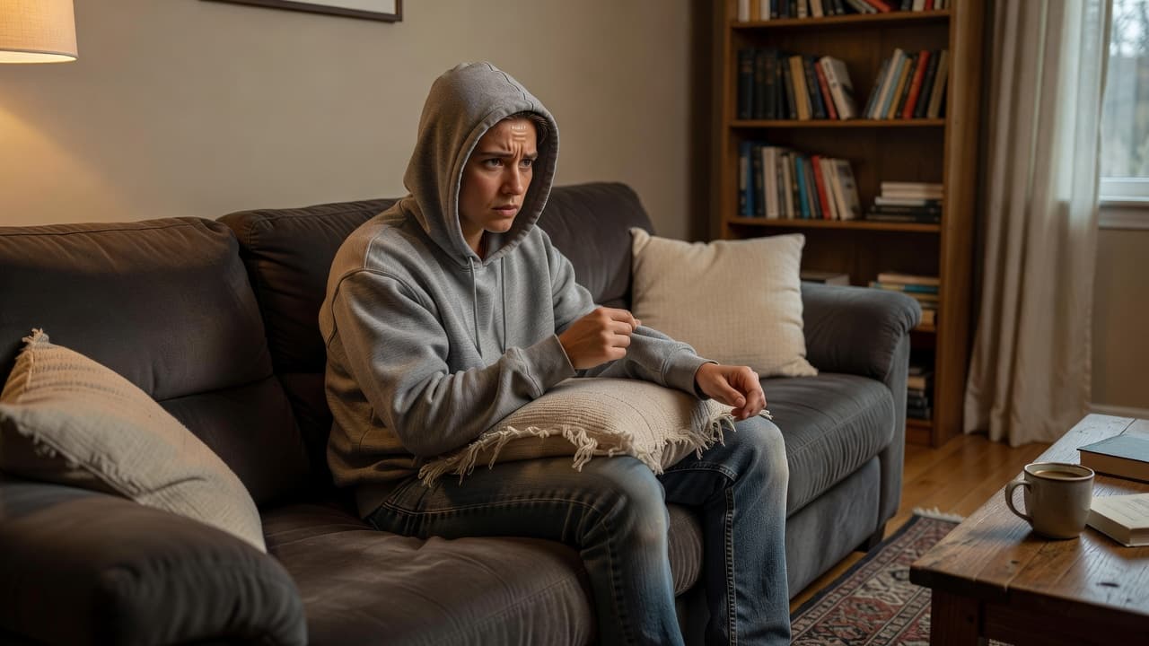 A person sits hunched on a beige fabric sofa while picking at their fingernails. The dimly lit living room atmosphere highlights their internal agitation despite the cozy environment of the home.