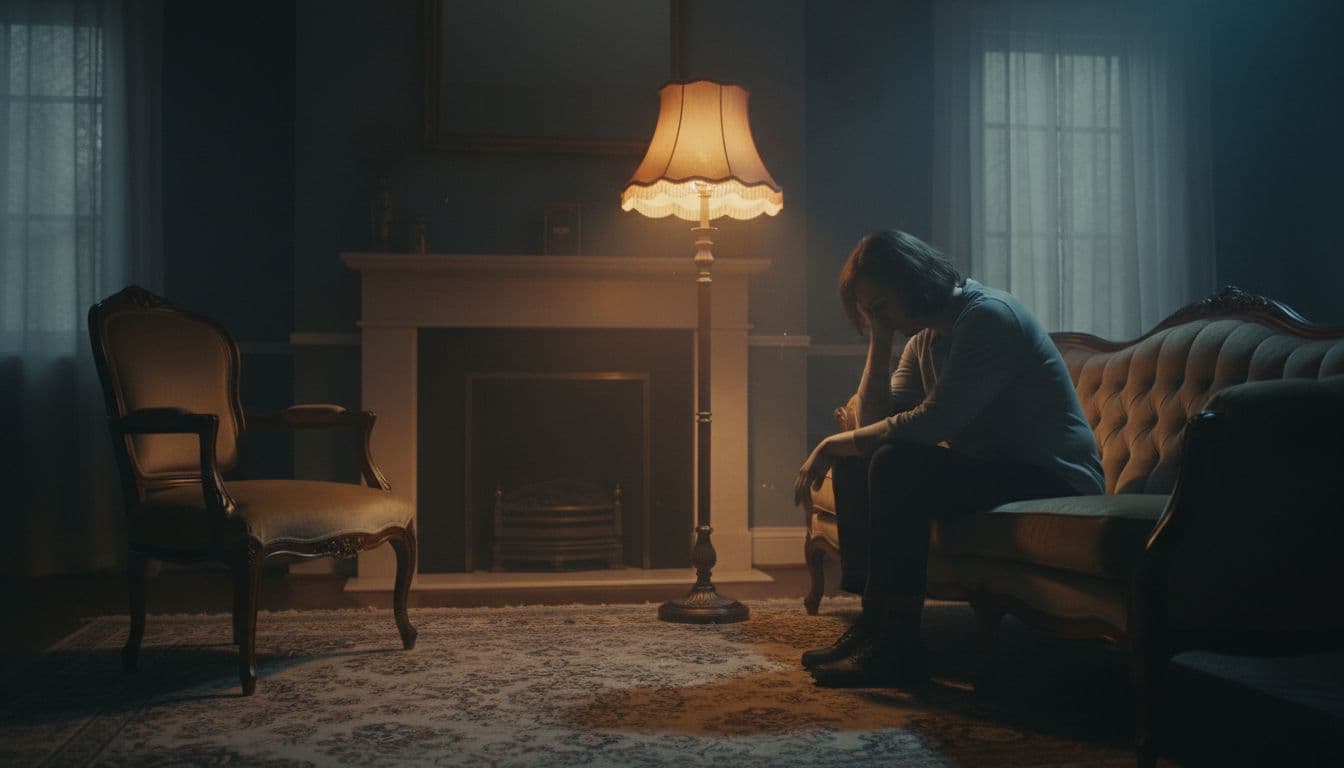 A single person sits alone on a couch in a dimly lit living room, head resting on hand, looking sad and contemplative, with an empty chair opposite suggesting absence and emotional isolation.