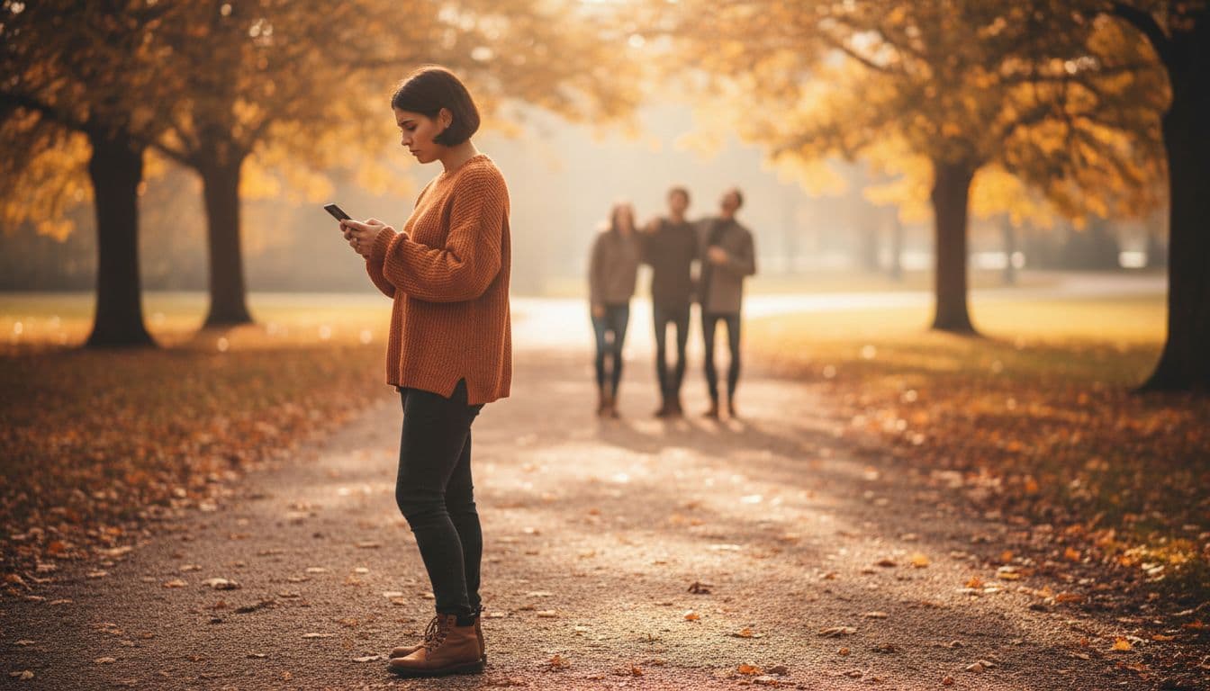 A person stands alone on a quiet park path, looking sadly at their phone, while a blurred group of laughing friends walks in the distant background under golden hour autumn light.