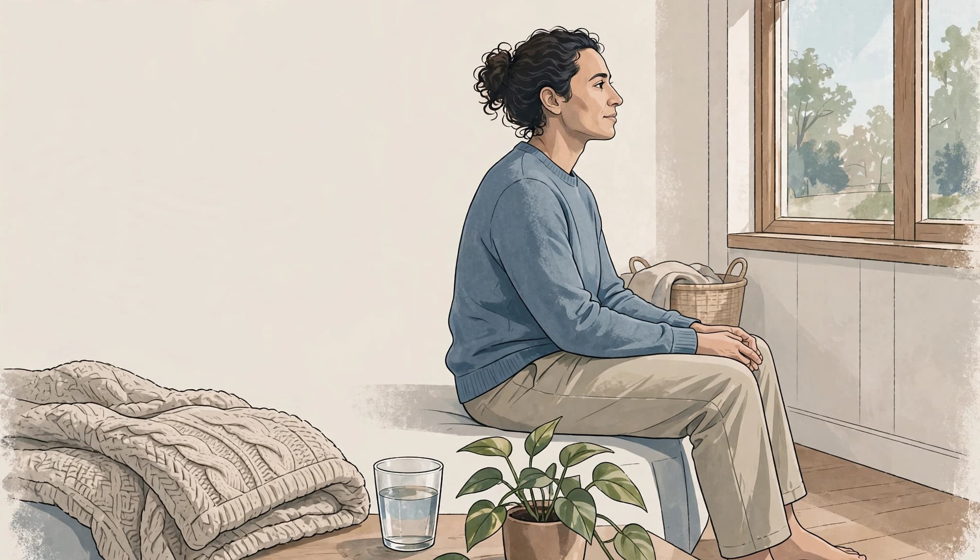 An adult sits by a window with a water cup, blanket, and leafy plant.