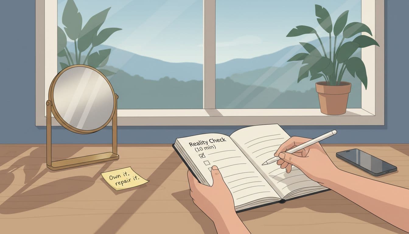 Calming editorial illustration of gender-neutral hands holding an open journal with a 'Reality Check (10 min)' checklist on a quiet desk by a window in soft morning light. Subtle symbols like a small mirror, 'Own it, repair it' sticky note, and face-down phone emphasize serene accountability and growth in muted blues and warm neutrals.