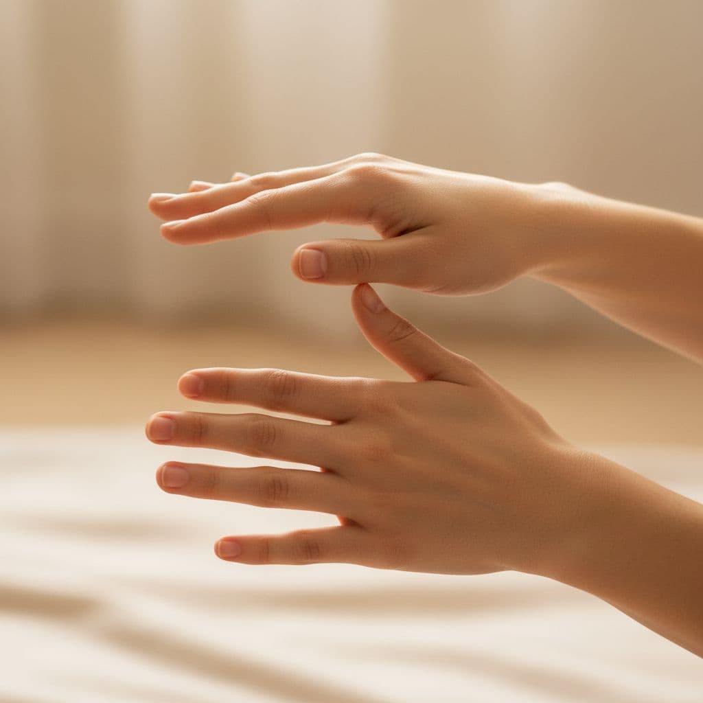 Close-up of two hands in a gentle grounding gesture, one touching the forehead and the other on the heart area, set against a soft neutral background with warm diffused lighting for a serene and compassionate mood.