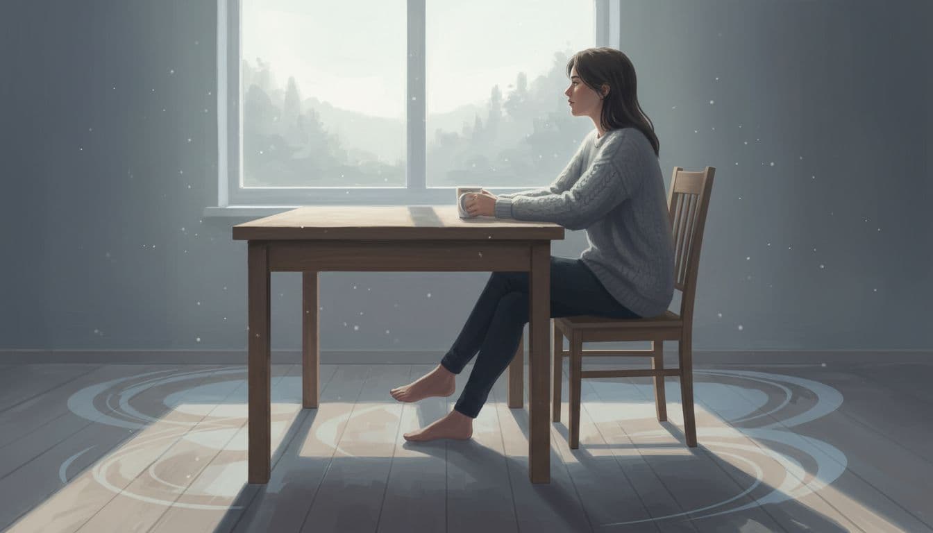 Supportive editorial illustration of a single woman sitting calmly at a kitchen table, gazing thoughtfully out a window with soft morning light, subtle shadows symbolizing emotional confusion.