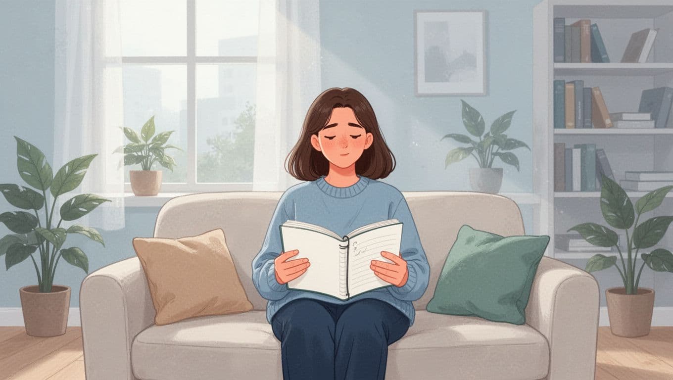 A clean, minimalist illustration of a thoughtful woman sitting relaxed on a cozy sofa in a bright living room, gently holding an open notebook in her lap amid soft natural light and subtle houseplants.