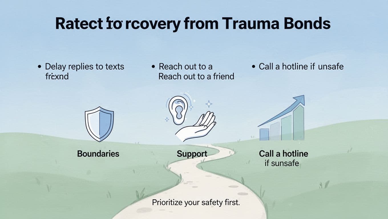 Minimalist infographic showing practical steps for trauma bond recovery with icons for boundaries, support, and upward path amid soft blue-green gradients.
