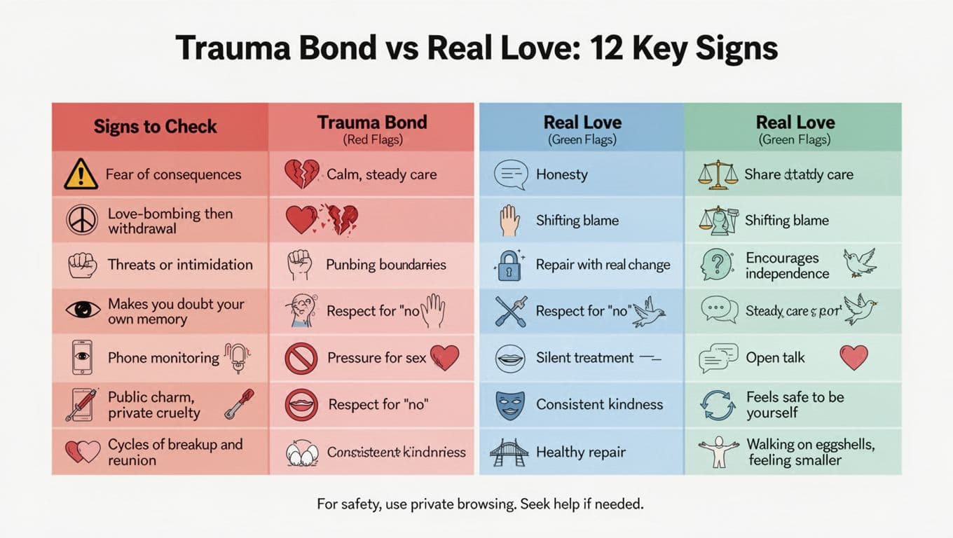 Minimalist landscape infographic featuring a side-by-side checklist table comparing 12 red flags of trauma bonds to green flags of real love, with simple icons and calming color palettes.